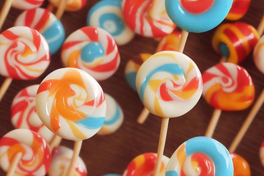 Sweet lollipops with Halloween striped pattern twisted hard sugar candies on wooden stick cartoon set of caramel suckers with swirly patterns, Anime Style