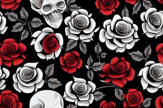 Embroidery human skull snake and red roses flowers Seamless pattern Medieval kings fairy tale Fashion clothes template and t shirt design Dark gothic halloween art, Anime Style