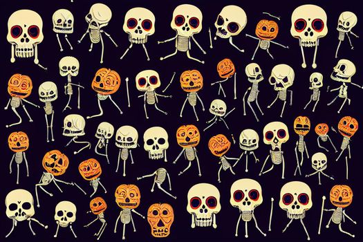 Dancing skeletons. Dead day party, sugar skull or halloween holiday. Traditional mexican music festival, fun bright dance Raster characters