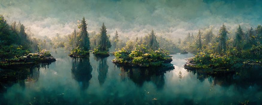 fantastic flooded forest with lake and trees in fantasy style.
