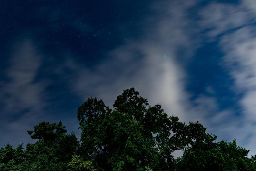 Dark blue sky on long exposure with moving clouds at night 