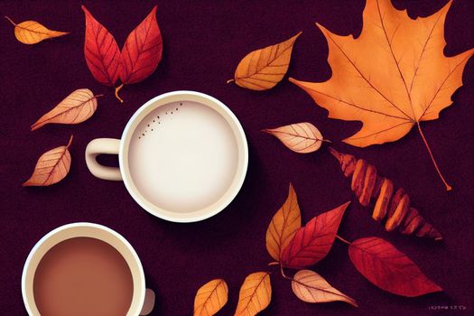 Diary, cup of hot cocoa, brown, knitted scarf and autumn leaves on a dark background