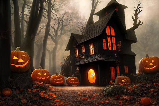 Black and orange house with Halloween theme, 3d illustration