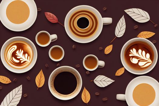 Flat lay composition with colorful Autumn cup of coffee and leaves on a color background top view , anime style