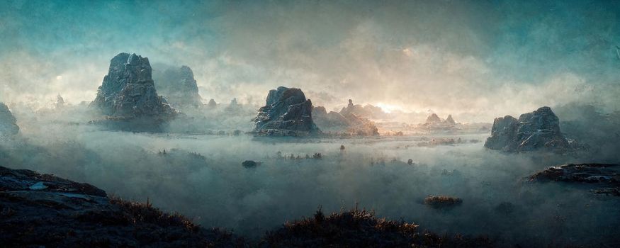 mystical abstract landscape with fog and mountain peaks rising above it.