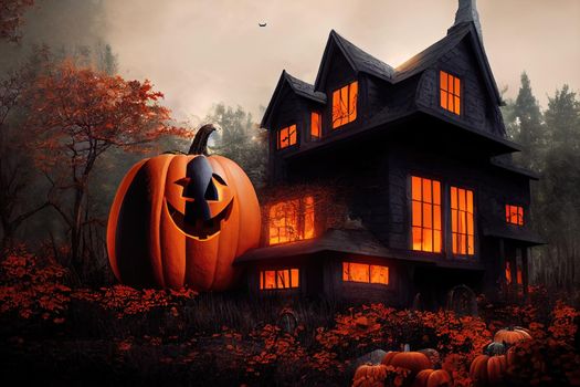 Black and orange house with Halloween theme, 3d illustration