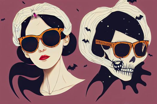 Halloween messy bun Holiday mom life design with quote Spooky mama A woman's head in a bandana with skulls aviator glasses with cobwebs a spider and bats funny mom witch, Anime Style