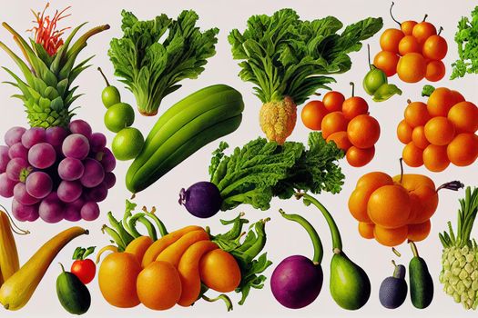 Set of different vegetables and fruits on white background , anime style
