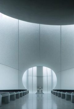 Interior shot of a modern contemporary futuristic chapel, 3d illustration