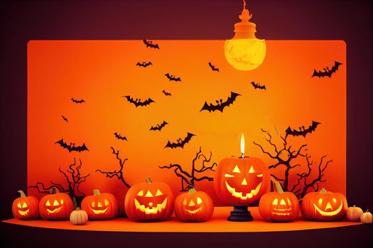Halloween orange theme product display podium on paper graphic background with group of 3D illustration Jack O Lantern pumpkin and candle light.