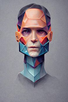 Polygonal human face into cyborg head, 3d illustration