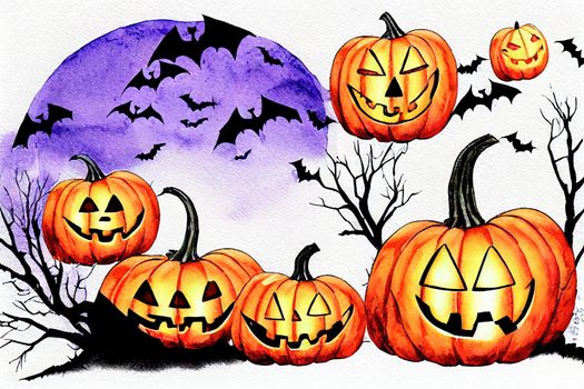 Drawn set for halloween Watercolor sketch of a pumpkin Bat Halloween night clipart illustration Halloween decoration Traditions October 31 Orange Violet Halloween sketch, Anime Style