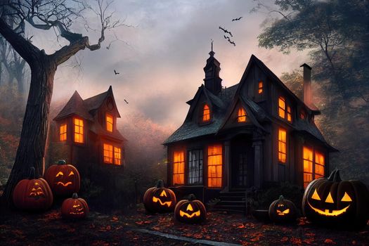 Black and orange house with Halloween theme, 3d illustration