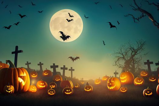 Zombie Hands Rising Out Of A Graveyard With Full Moon And Halloween Pumpkins Contain 3d Illustration