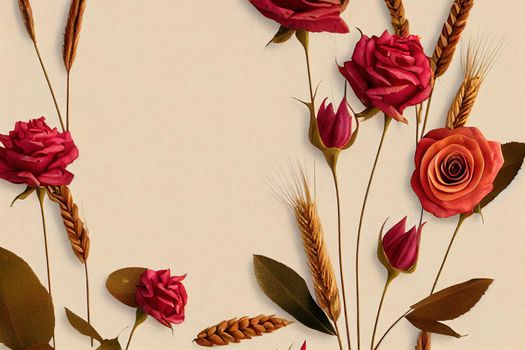Autunm wheat, rose flowers composition on craft beige background, copy space Stylish creative autumn fall mock up, autunm holiday celebration concept , anime style
