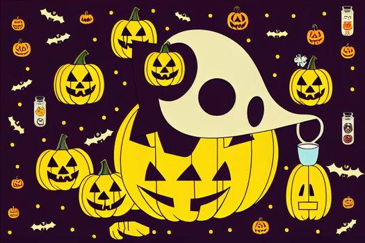 Round halloween illustration with circle emblems and halloween symbols. Skull in the centre, sweets, bat, owl, flask with potion in minimal simple geometric style, traditional text Halloween time