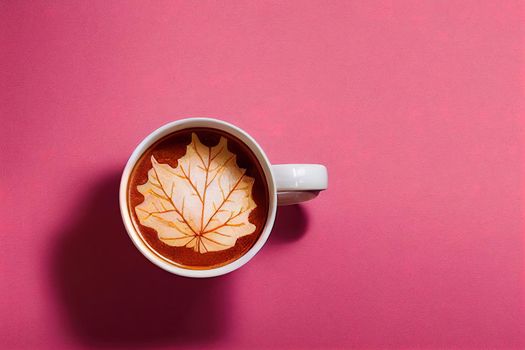 Autumn elegant composition Cup of coffee and dry leaves on pastel pink background Flat lay, top view, copy space , anime style