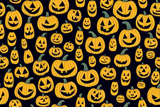 Collection of Halloween pumpkins carved faces silhouettes. Black isolated halloween pumpkin face patterns on orange. Scary and funny faces of Halloween pumpkin or ghost. Raster illustration