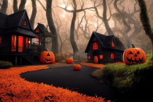 Black and orange house with Halloween theme, 3d illustration