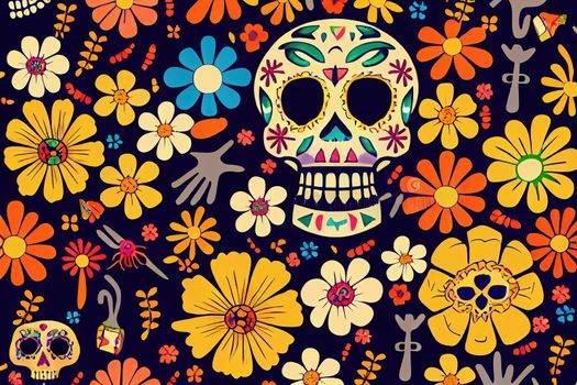 Day of the Dead, Dia de los muertos, animal skull and skeleton decorated with colorful Mexican elements and flowers. Fiesta, Halloween, holiday poster, party. Raster illustration