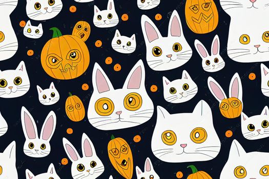 Seamless pattern of cute cartoon animals ghosts Bunny cat dog character Halloween background Halloween cartoon characters, Anime Style