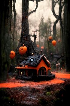 Black and orange house with Halloween theme, 3d illustration