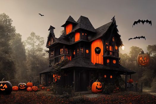 Black and orange house with Halloween theme, 3d illustration