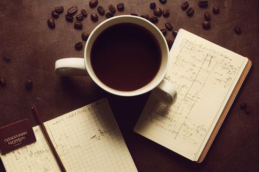 Notebook diary with a mug of aromatic coffee and gingerbread on a dark background Education, business and student body concept , anime style