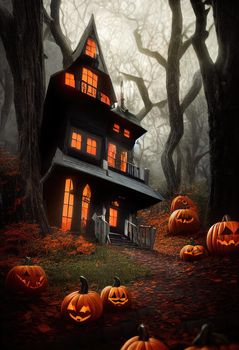 Black and orange house with Halloween theme, 3d illustration