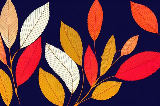 Red and golden coloured Autumn leaves on a blue background Raster illustration , anime style