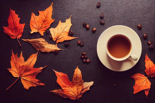 Winter composition A cup of coffee, sweater, cones, berry rowan and autumn leaves maple on dark concrete background Autumn, winter concept Flat lay, top view, copy space , anime style