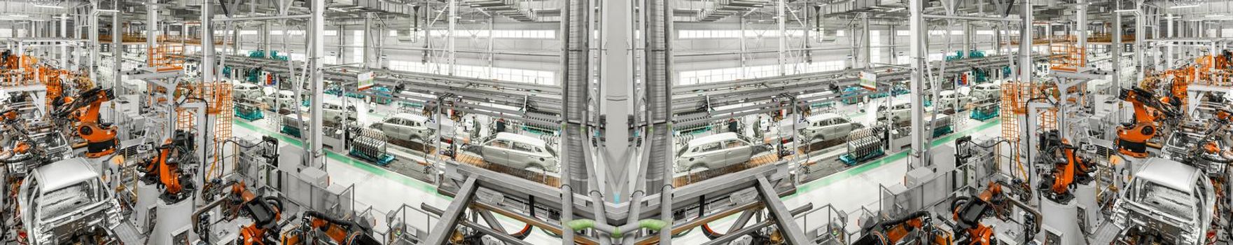 Mirror Panoramic Photo. Automobile production line. Welding car body. Modern car assembly plant.