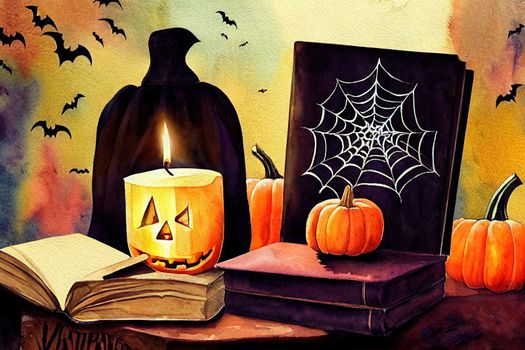 Watercolor Halloween icons.Vintage Victorian Halloween decor, mystical witchy elements,open book, pumpkin, candle, poison bottle, armchair, fireplace, gothic style living room elements