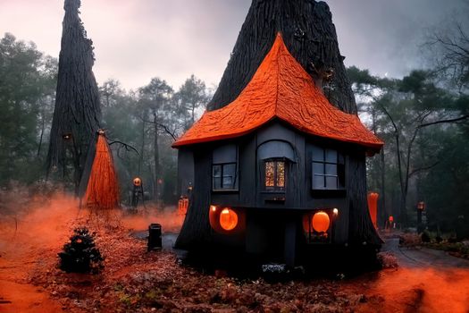 Black and orange house with Halloween theme, 3d illustration