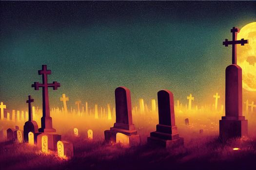 Scary and mystical cemetery at night with tombstones, graves and crosses on a moonlight night. Halloween, magic and mysticism.