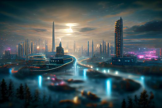 abstract futuristic night utopian cityscape, neural network generated art. Digitally generated image. Not based on any actual scene or pattern.