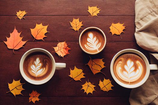 Autumn composition Pumpkin Spice Latte, warm scarf, autumn maple leaves and pumpkin on wooden background, creative flat lay, banner Seasonal autumn concept with coffee drink , anime style