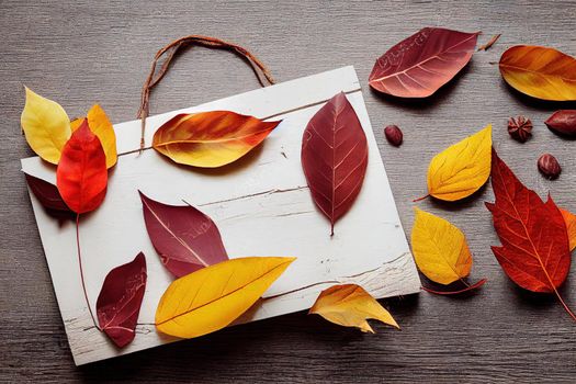 Autumn composition Frame made of colorful leaves on white wooden rustic background and elegant gray scarf Autumn concept Flat lay, top view, copy space , anime style