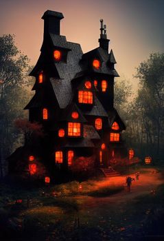 Black and orange house with Halloween theme, 3d illustration