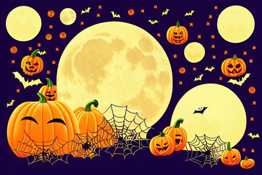 Happy Halloween banner or party invitation background with night clouds and pumpkins in paper cut style. Raster illustration. Full moon in the sky, spiders web and flying bats. Place for text