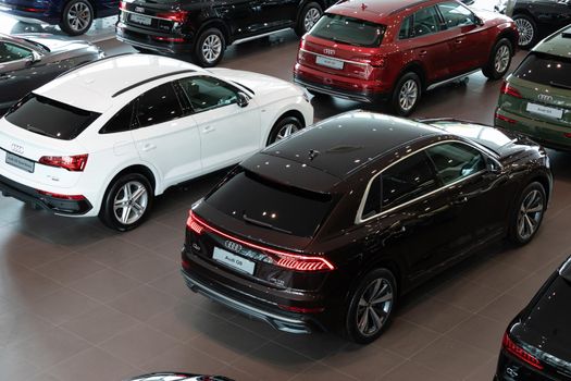 Audi dealership, cars suvs, top view.