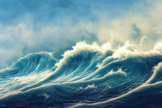 Abstract background of giant waves blasting in the sea A blue beige watercolor scene splashing against the light. For Wallpapers, Banners, Artwork, Templates, Seasons, Effects, Websites, Games.