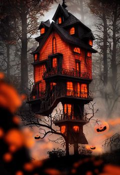 Black and orange house with Halloween theme, 3d illustration