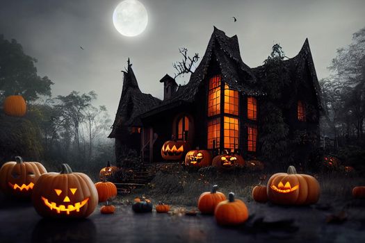 Black and orange house with Halloween theme, 3d illustration