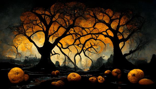 spooky halloween forest with scary black trees and pumpkins on the ground, neural network generated art. Digitally generated image. Not based on any actual scene or pattern.