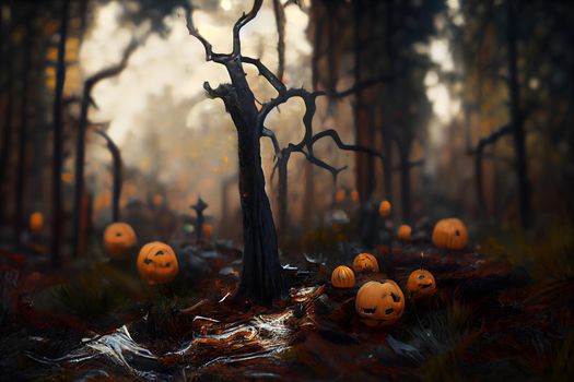 spooky halloween forest with scary black trees and pumpkins on the ground, neural network generated art. Digitally generated image. Not based on any actual scene or pattern.