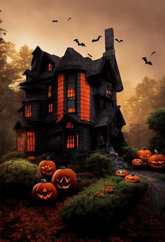 Black and orange house with Halloween theme, 3d illustration