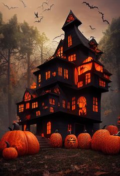 Black and orange house with Halloween theme, 3d illustration