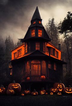 Black and orange house with Halloween theme, 3d illustration