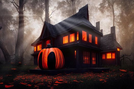 Black and orange house with Halloween theme, 3d illustration